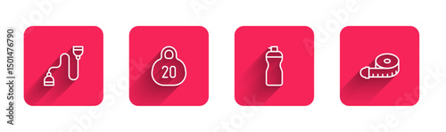 Set line Chest expander, Kettlebell, Fitness shaker and Tape measure with long shadow. Red square button. Vector