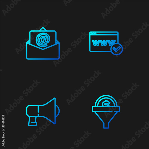 Set line Lead management, Megaphone, Mail and e-mail and Website template. Gradient color icons. Vector