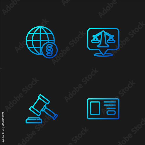 Set line Identification badge, Judge gavel, International law and Scales of justice. Gradient color icons. Vector