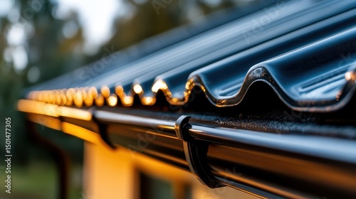 A sleek and modern roof gutter glistening under soft twilight, reflecting warm light while showcasing beautiful lines and architectural design details.
