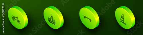 Set Isometric line Mountain bike, Ski lift, Longboard or skateboard and Windsurfing icon. Vector