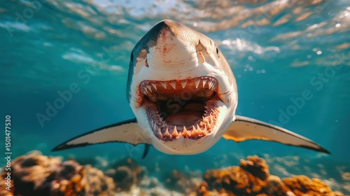 A close-up shot of a fierce shark swimming towards the camera, mouth agape to reveal its dangerously sharp teeth, set against a vibrant underwater environment.