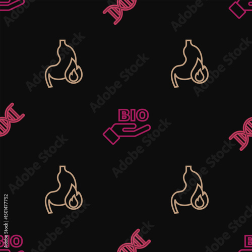 Set line DNA symbol, Stomach heartburn and Bio healthy food on seamless pattern. Vector