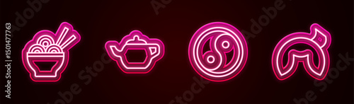 Set line Asian noodles in bowl, Chinese tea ceremony, Yin Yang and fortune cookie. Glowing neon icon. Vector