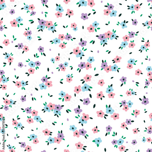 Cute colorful small piony roses flower with leaves seamless pattern of ditsy millefleur floral style. Pink, blue, purple. Vector illustration