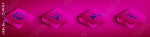 Set Isometric line Tarot cards, Old magic key, Crossed medieval sword and Medieval goblet icon. Vector