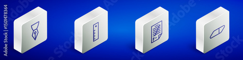 Set Isometric line Fountain pen nib, Ruler, Exam paper with incorrect answers and Eraser rubber icon. Vector