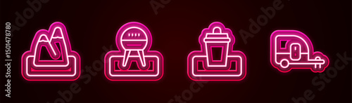 Set line Mountains, Barbecue grill, Trash can and Rv Camping trailer. Glowing neon icon. Vector