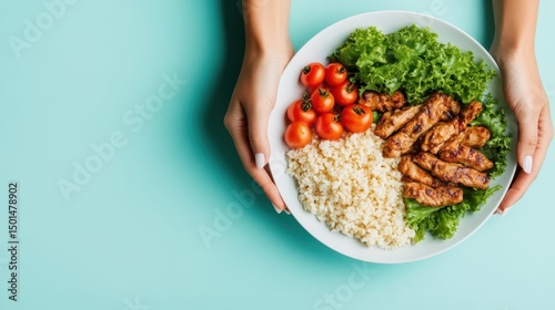 A vibrant plate featuring perfectly grilled chicken alongside fresh leafy greens and ripe cherry tomatoes, promoting a healthy and appetizing lifestyle in a beautiful arrangement.