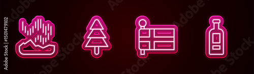 Set line Northern lights, Tree, Flag of Iceland and Bottle vodka. Glowing neon icon. Vector