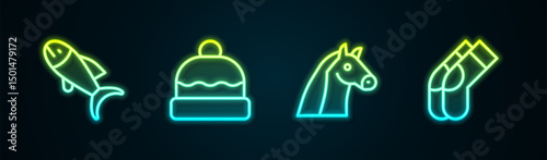 Set line Fish, Beanie hat, Horse and Socks. Glowing neon icon. Vector