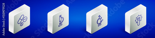 Set Isometric line Medicine pill or tablet, Microscope, and Explosion the flask icon. Vector
