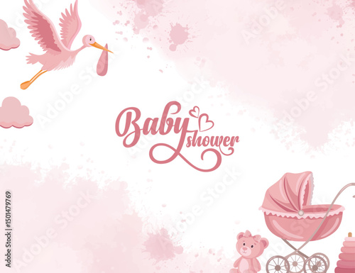 Baby shower pink blush background and baby stroller storck delivers baby