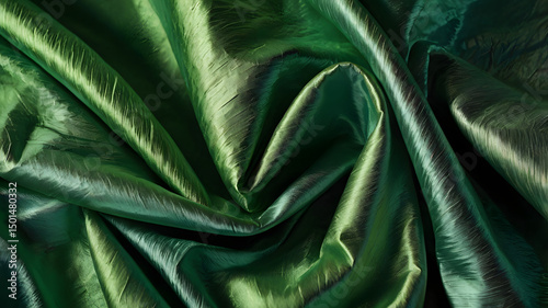 Smooth luxury green silk satin fabric with elegant waves and a soft, shiny texture perfect for a stylish backdrop