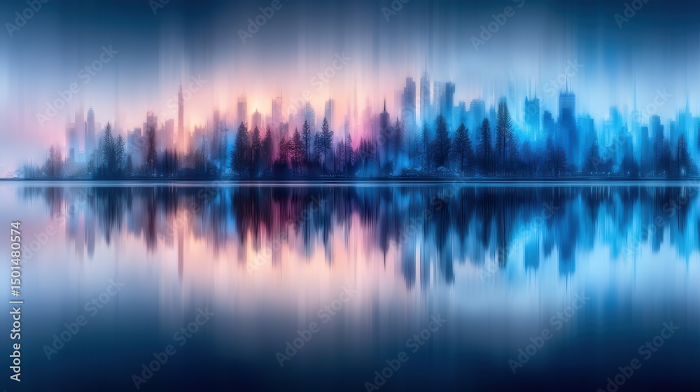 Fototapeta premium A city skyline reflected in a still lake at dawn, with vibrant colors and a spectral effect