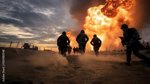 Soldiers run across the battlefield as a massive explosion erupts in the background.