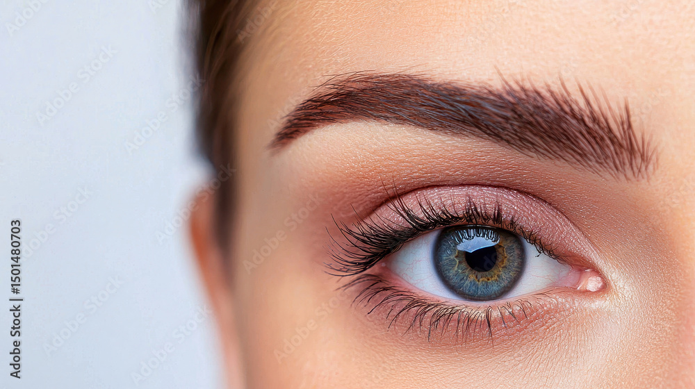 Close up of beautiful eye showcasing vibrant blue iris, well groomed eyebrows, and subtle makeup, reflecting elegance and beauty Close up of beautiful eye showcasing vibrant blue iris, well groomed eyebrows, and subtle makeup, reflecting elegance and beauty