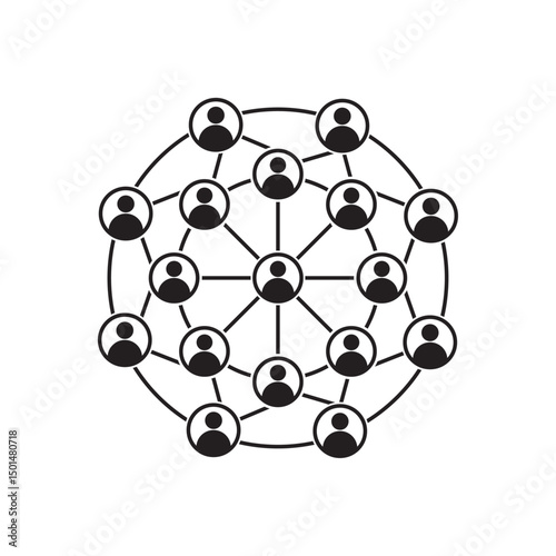Circular social network diagram with central hub figure linked to 15 surrounding individuals, ideal for community, communication, user connection, team management, and organizational chart designs