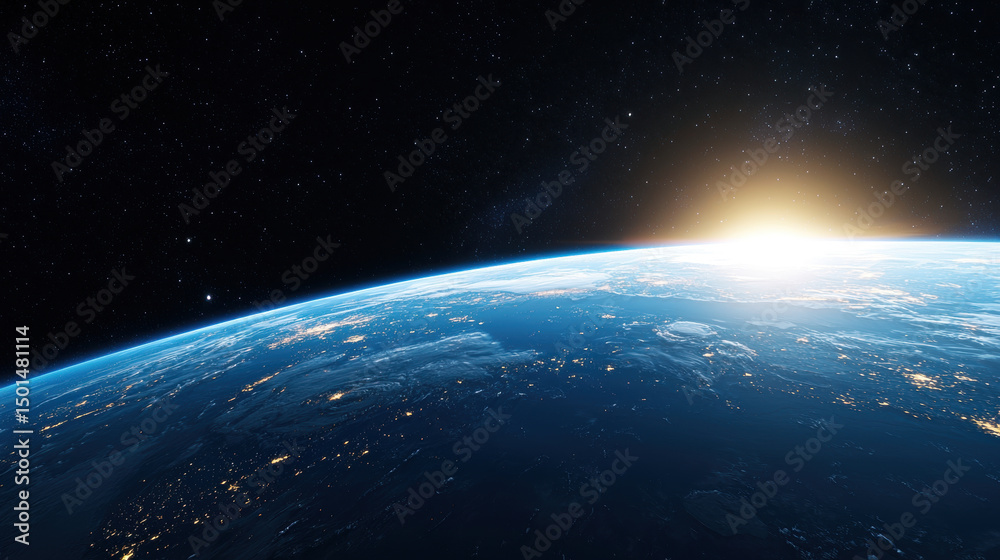 Fototapeta premium Stunning view of Earth from space, showcasing curvature of planet and sun rising on horizon, illuminating atmosphere