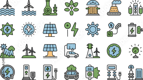 Clean Energy Icons Renewable Power Sources Sustainable Technology Symbols