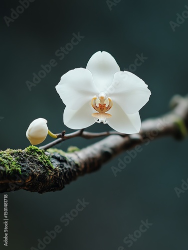 A single white orchid on a mosscovered tree branch, flowers, blooms   high resolution   for isolate image photo