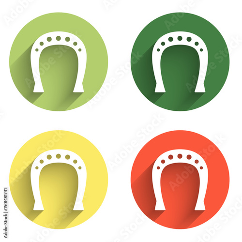 Set Horseshoe icon isolated with long shadow background. Color circle button. Vector