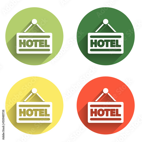 Set Signboard outdoor advertising with text Hotel icon isolated with long shadow background. Color circle button. Vector