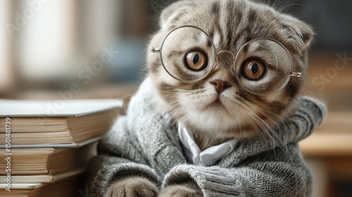 Cute cat wearing oversized round glasses and cozy sweater looks curious near stack of books in warm indoor setting