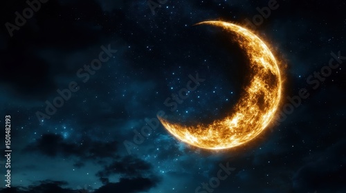 An enchanting astronomical scene depicts a fiery crescent moon glowing amidst a dark starry sky, evoking feelings of wonder and awe, perfect for lovers of the cosmos and night sky.