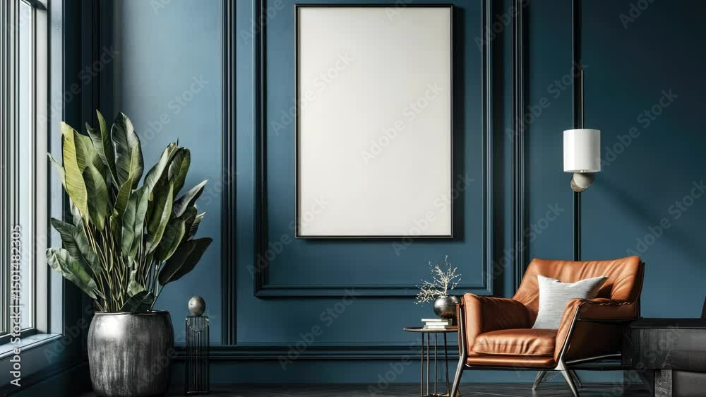 A modern and minimalistic living room with a blue accent wall, comfortable couch, artwork, potted plants, and stylish decor.