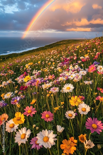 beautiful rainbow on sea at sunset sky wild field and flowers field nature landscape   high resolution   for isolate image
