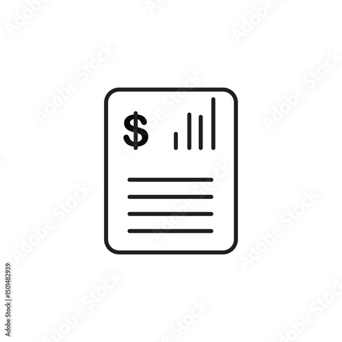 Minimal black line icon of a financial document featuring a dollar sign, bar chart, and text lines, representing invoice, report, billing, or budgeting concepts for digital business use.