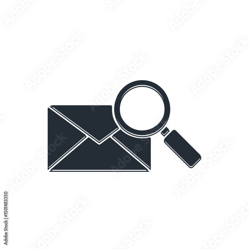 Black Envelope mail with magnifying glass icon isolated on white background. Vector