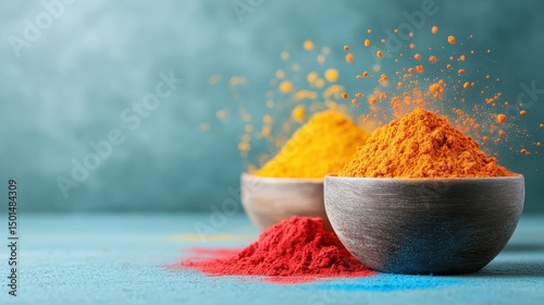 Fototapeta Naklejka Na Ścianę i Meble -  This image showcases two bowls filled with vibrant spices, with bright yellow and red hues exploding around them, highlighting the artistry in food preparation and cultural traditions.