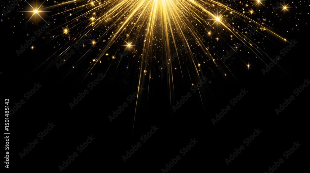 Obraz premium Shining golden stars isolated on black background. Effects, glare, lines, glitter, explosion, golden light. Vector illustration