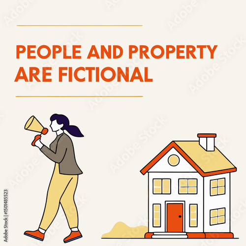 Woman announcing fictional people and property disclaimer