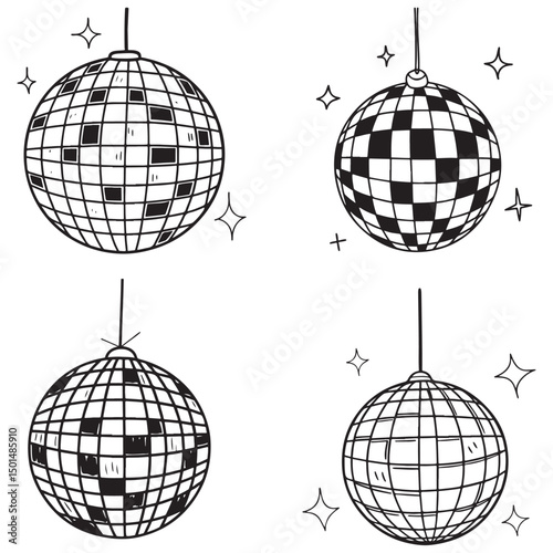Contemporary minimalist line art illustration of disco ball. Hand drawn decorative element for party. 
Outline doodle drawing of 70s symbol