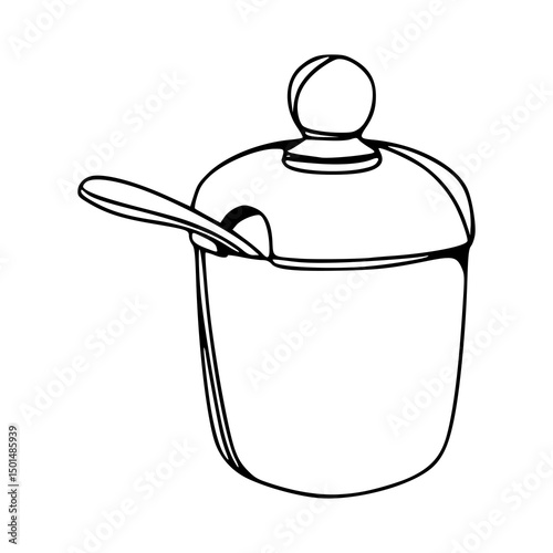 line drawing of a sugar pot with lid and spoon