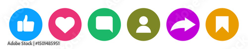 Set of six circular social media icons including like, love, comment, profile, share, and save in solid color backgrounds for mobile UI, website interface, app design, and digital communication tool