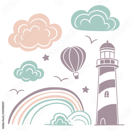 Pastel rainbow lighthouse hot air balloon cloudscape illustration