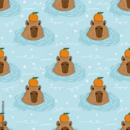 Capybara swimming with orange on its head