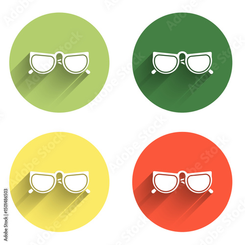 Set Glasses icon isolated with long shadow background. Eyeglass frame symbol. Color circle button. Vector