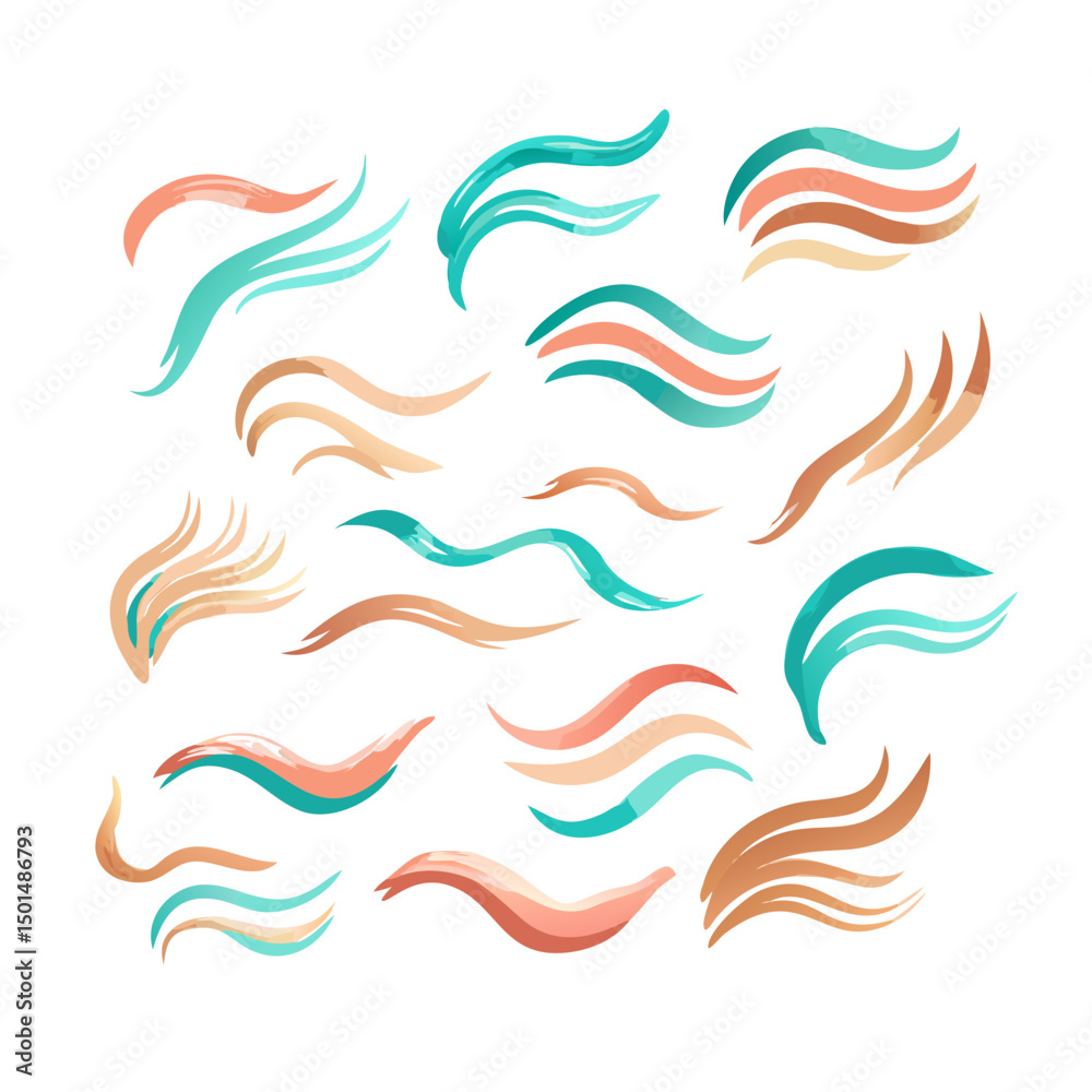 Obraz premium Collection of abstract teal and peach waves isolated on white