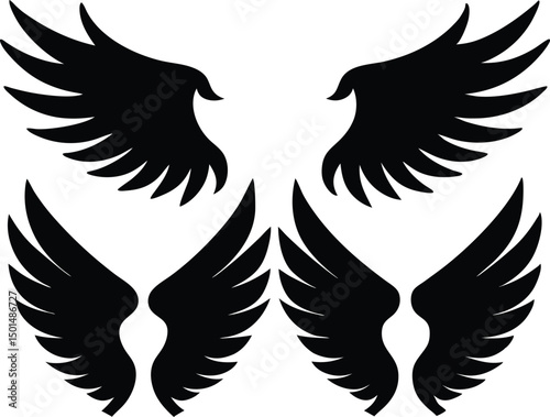 Flat design angel wings silhouette set vector design, New angel wings silhouette vector design illustration