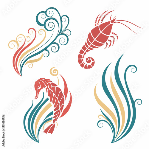 Stylized sea life and ocean waves design elements