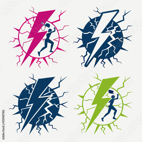 Abstract lightning bolt designs with running figures and cracked circles