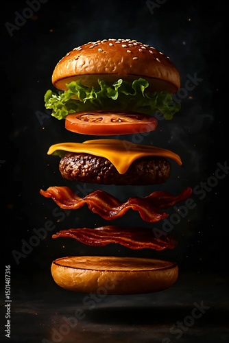 Floating burger layers in mid-air over dark background