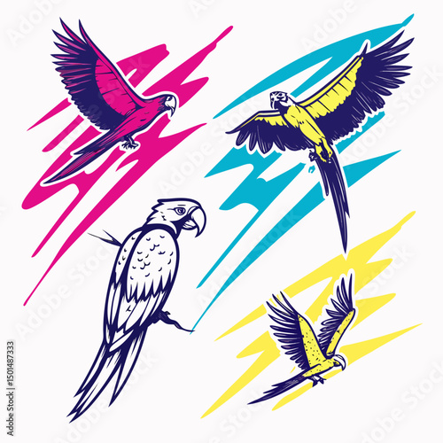 Colorful parrot birds flying abstract art design