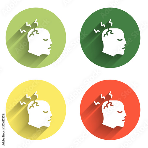 Set Man having headache, migraine icon isolated with long shadow background. Color circle button. Vector