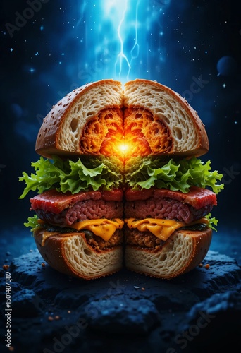 Planet burger in cross-section with cosmic atmosphere